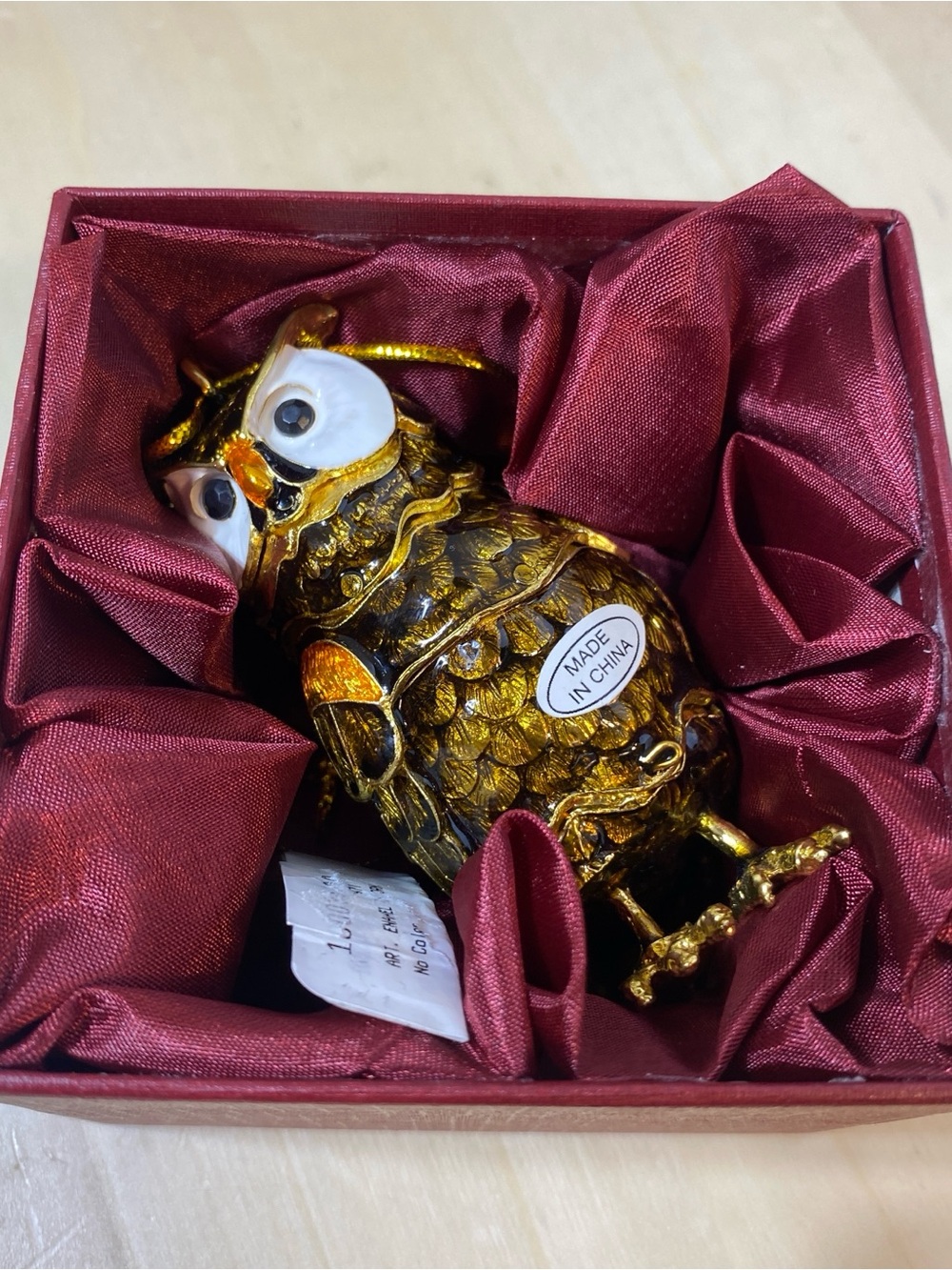 VINTAGE ENAMEL & CLOISONNE MOVABLE ORANGE, BROWN, WHITE & GOLD OWL ORNAMENT